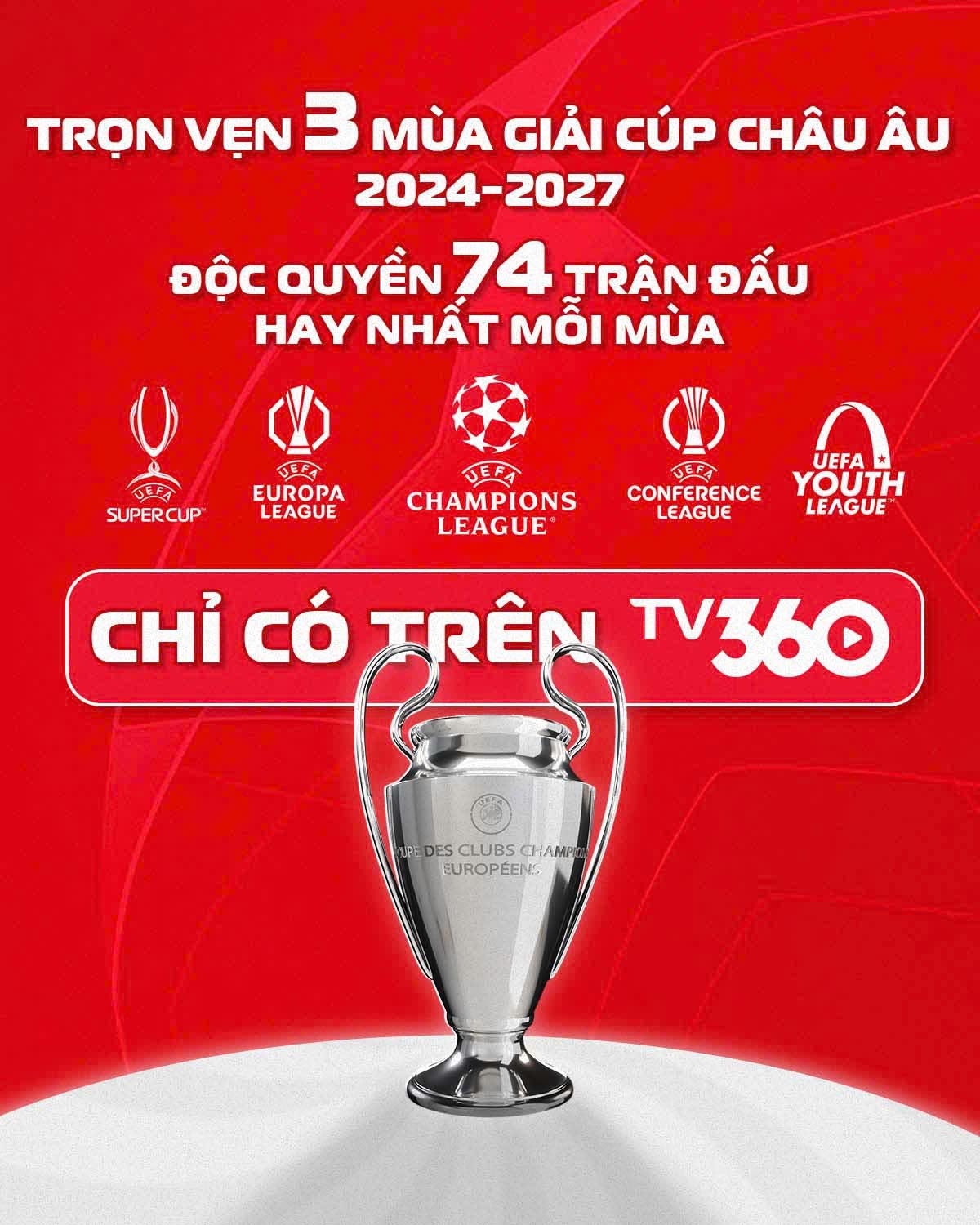 Sẵn sàng dại tiệc cùng TV360 thưởng thức trọn vẹn 3 mùa giải Cúp Châu Âu và 74 trận dộc quyền C1 hay nhất mỗi mùa - chỉ có duy nhất trên TV360